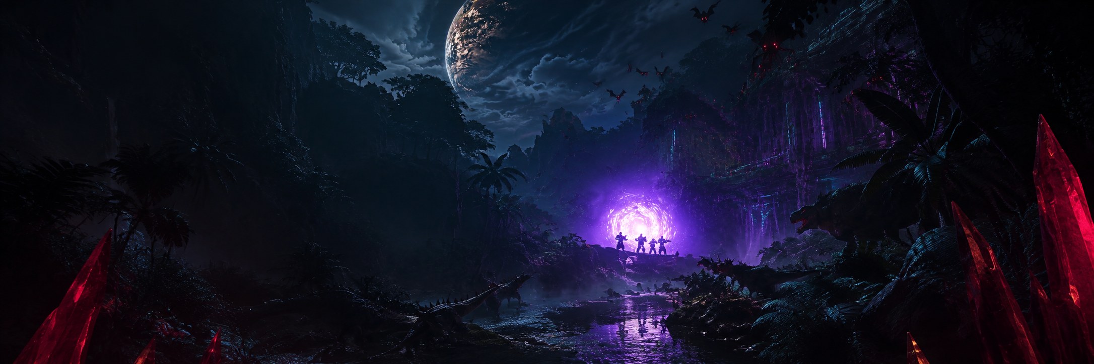 A Tyrant emerging from the ruins beside the Lazarus rift at night